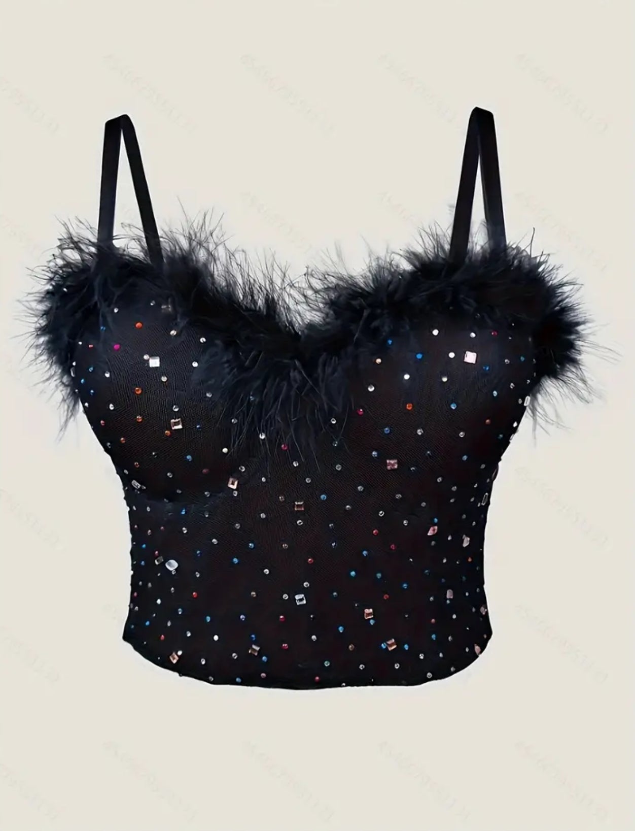 Corset pluma con piedrecitas tipo diamantes y piedras con brillo