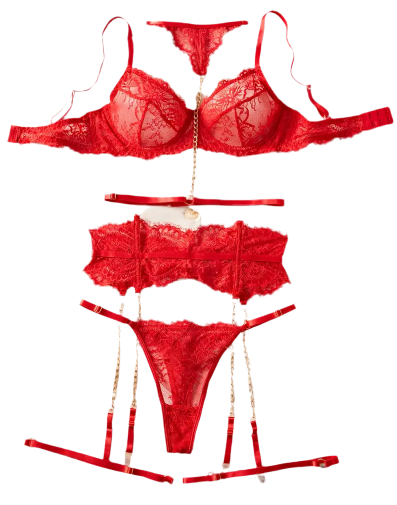 Conjunto de lencería de encaje con corset, ligas y ligueros.
