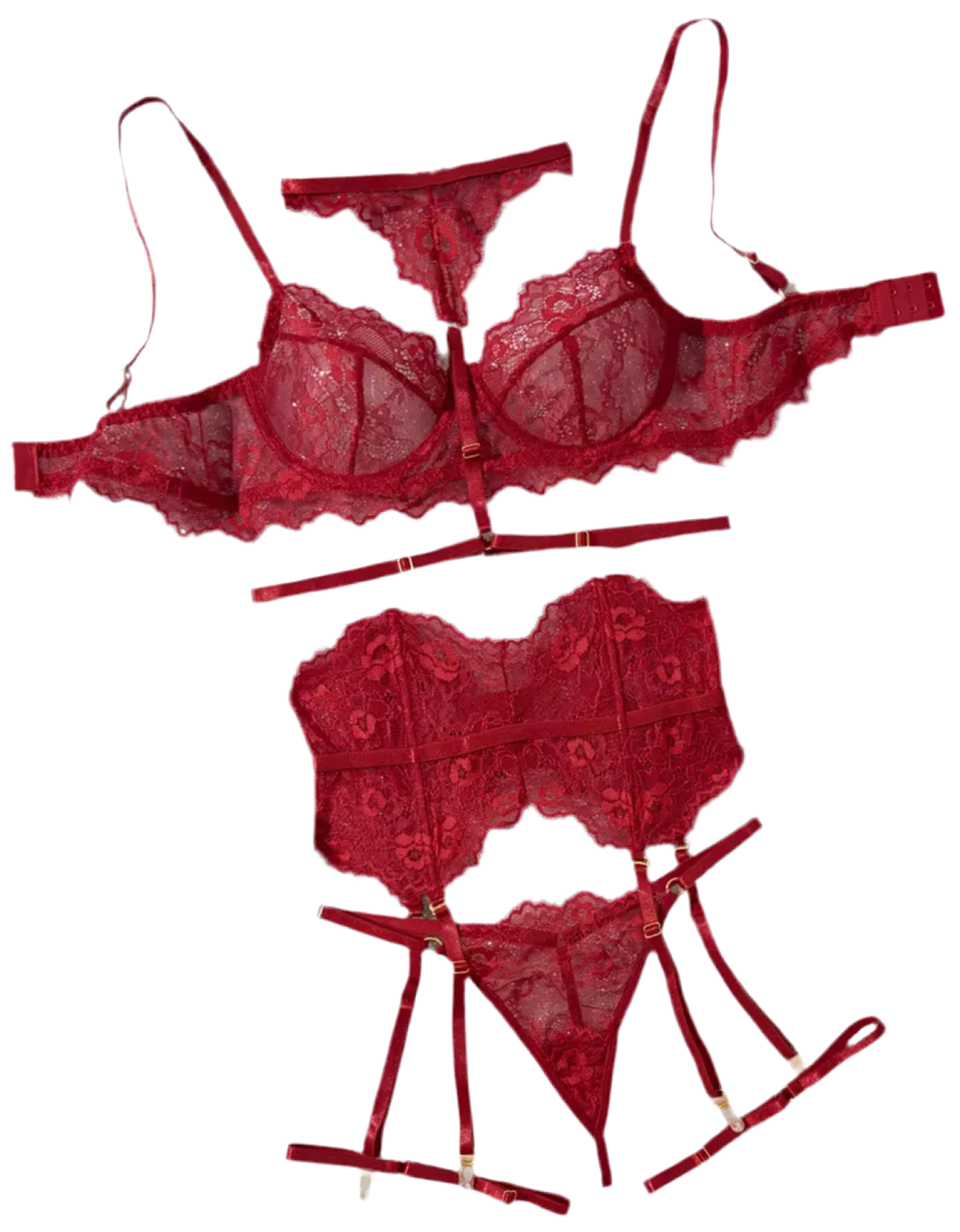 Conjunto de lencería de encaje con corset, ligas y ligueros.