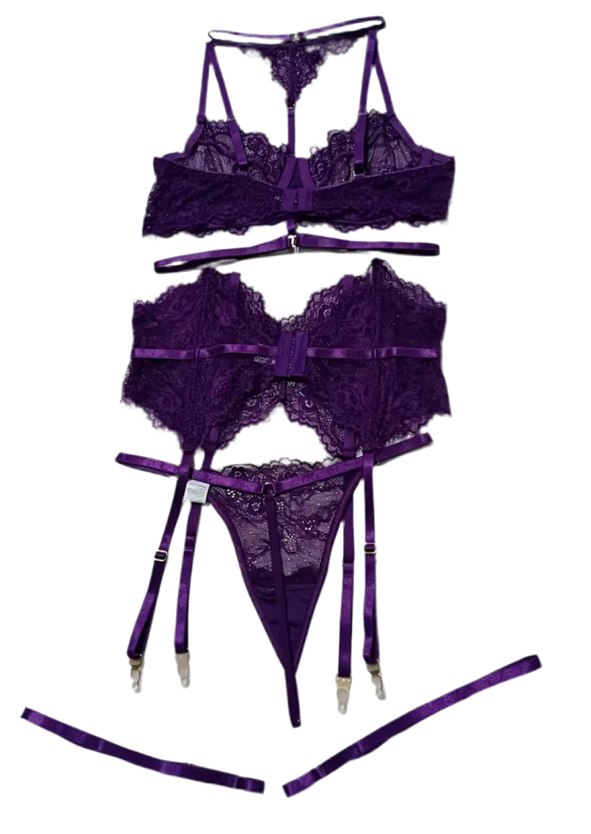 Conjunto de lencería de encaje con corset, ligas y ligueros.