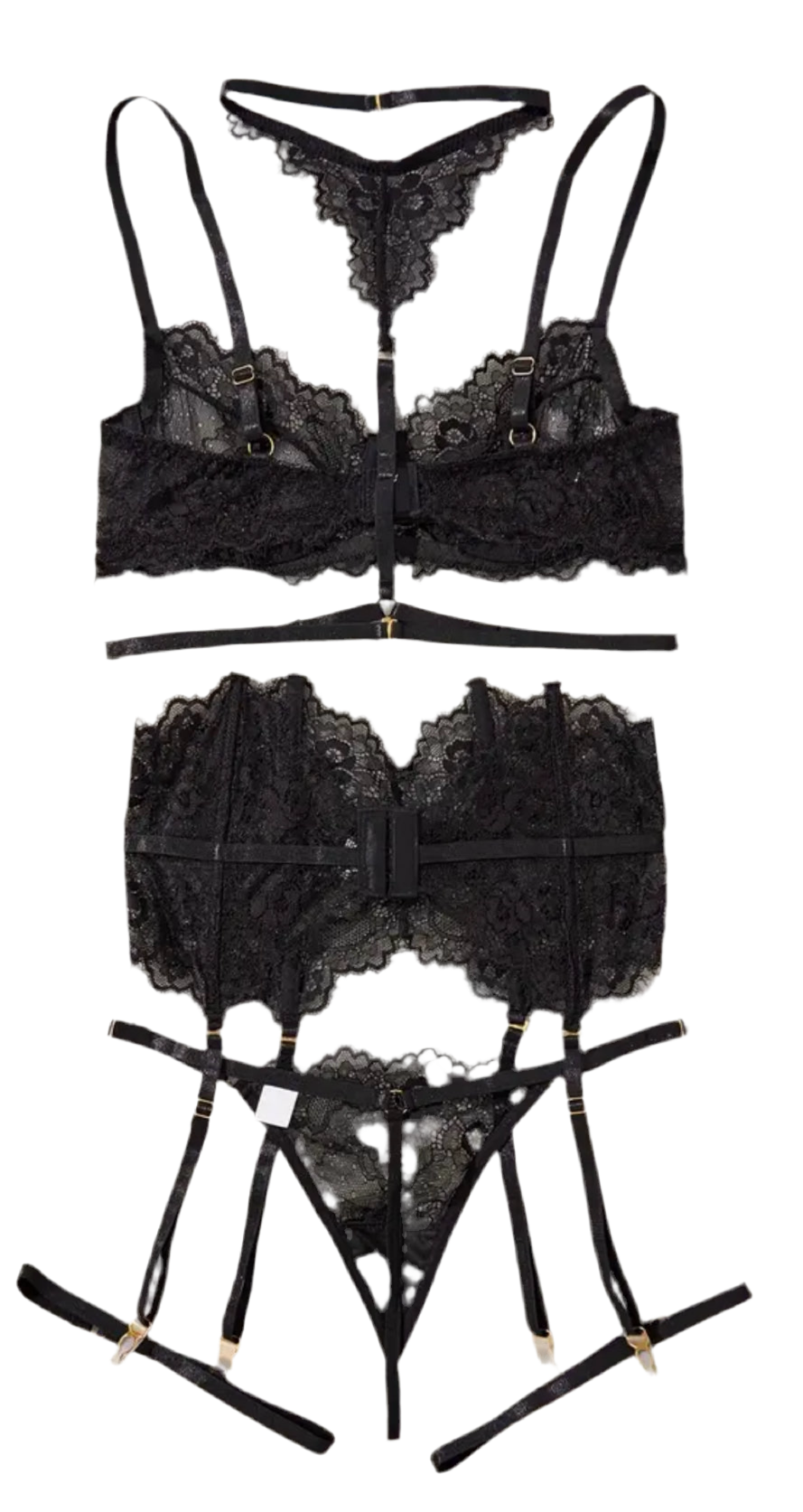 Conjunto de lencería de encaje con corset, ligas y ligueros.