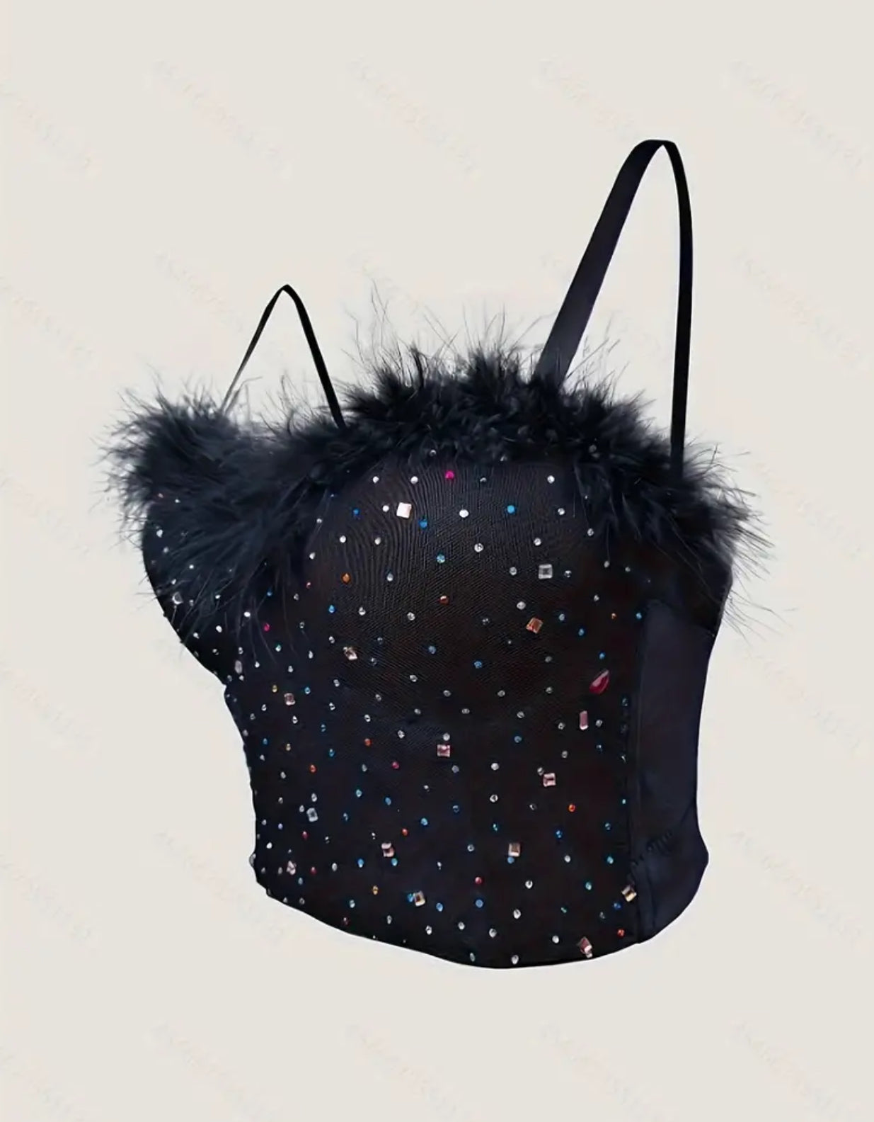 Corset pluma con piedrecitas tipo diamantes y piedras con brillo