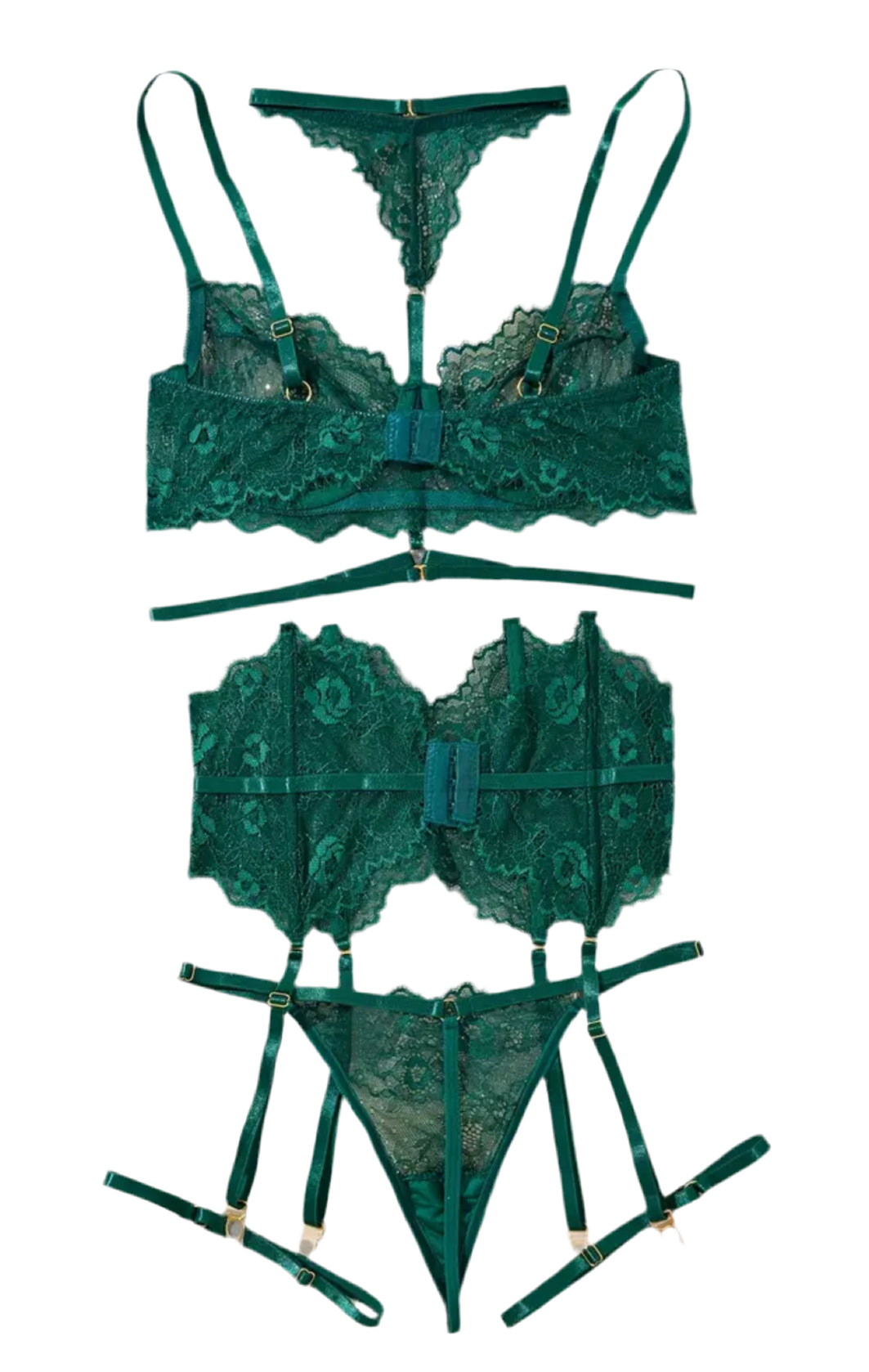 Conjunto de lencería de encaje con corset, ligas y ligueros.