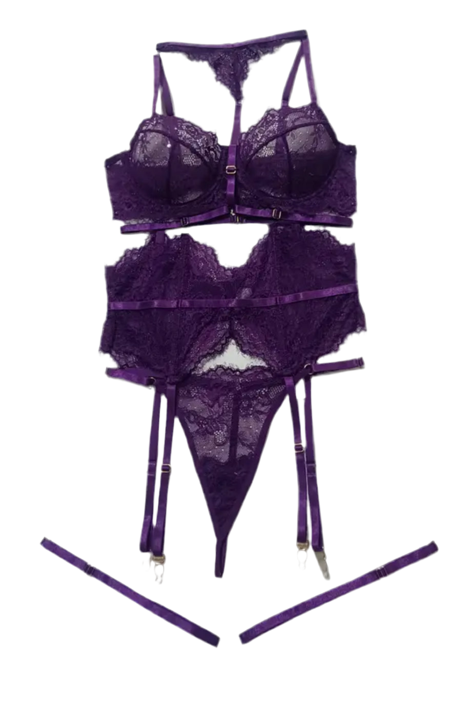 Conjunto de lencería de encaje con corset, ligas y ligueros.
