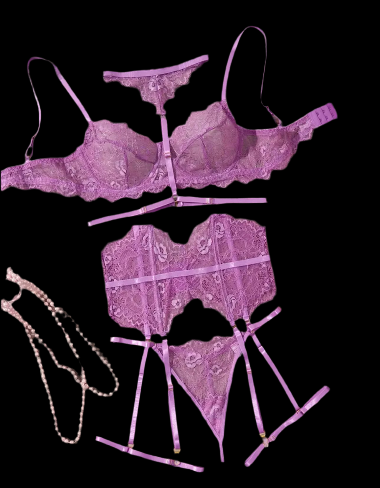 Conjunto de lencería de encaje con corset, ligas y ligueros.