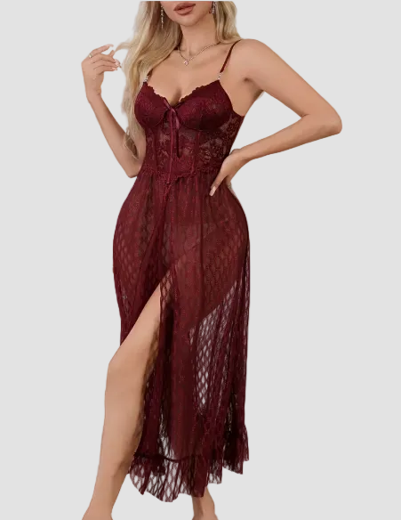 Conjunto Lencería Royal Burgundy con Bata de Tul