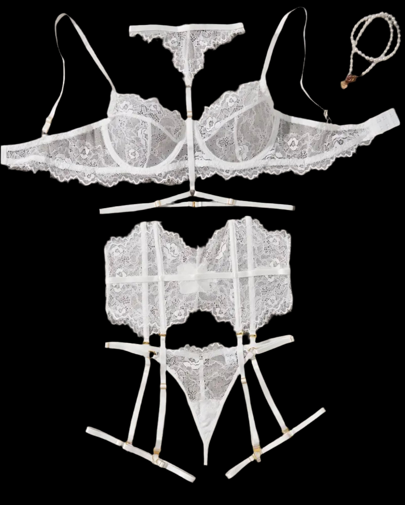 Conjunto de lencería de encaje con corset, ligas y ligueros.