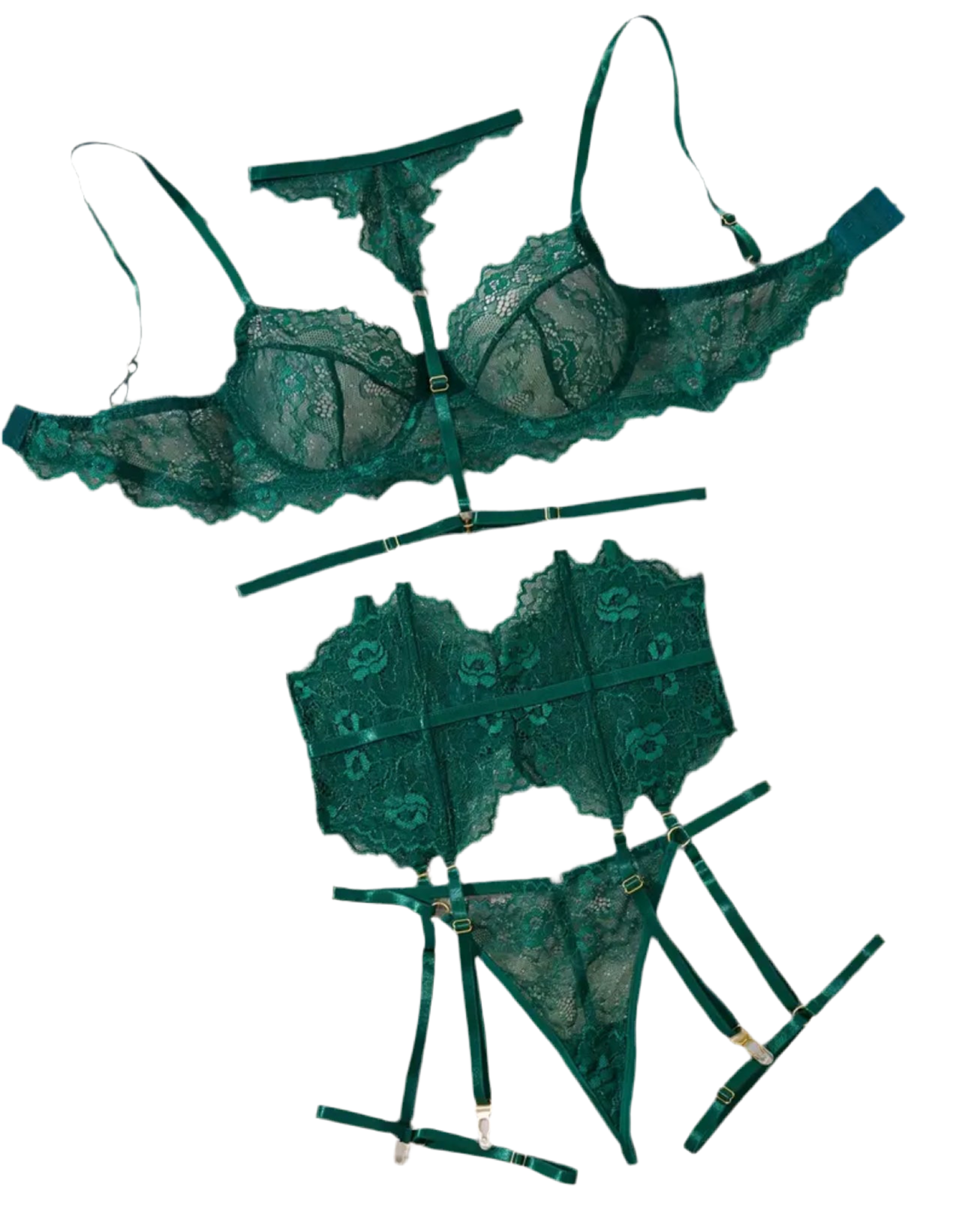 Conjunto de lencería de encaje con corset, ligas y ligueros.
