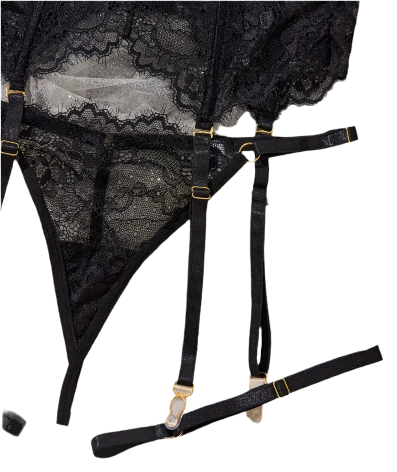 Conjunto de lencería de encaje con corset, ligas y ligueros.