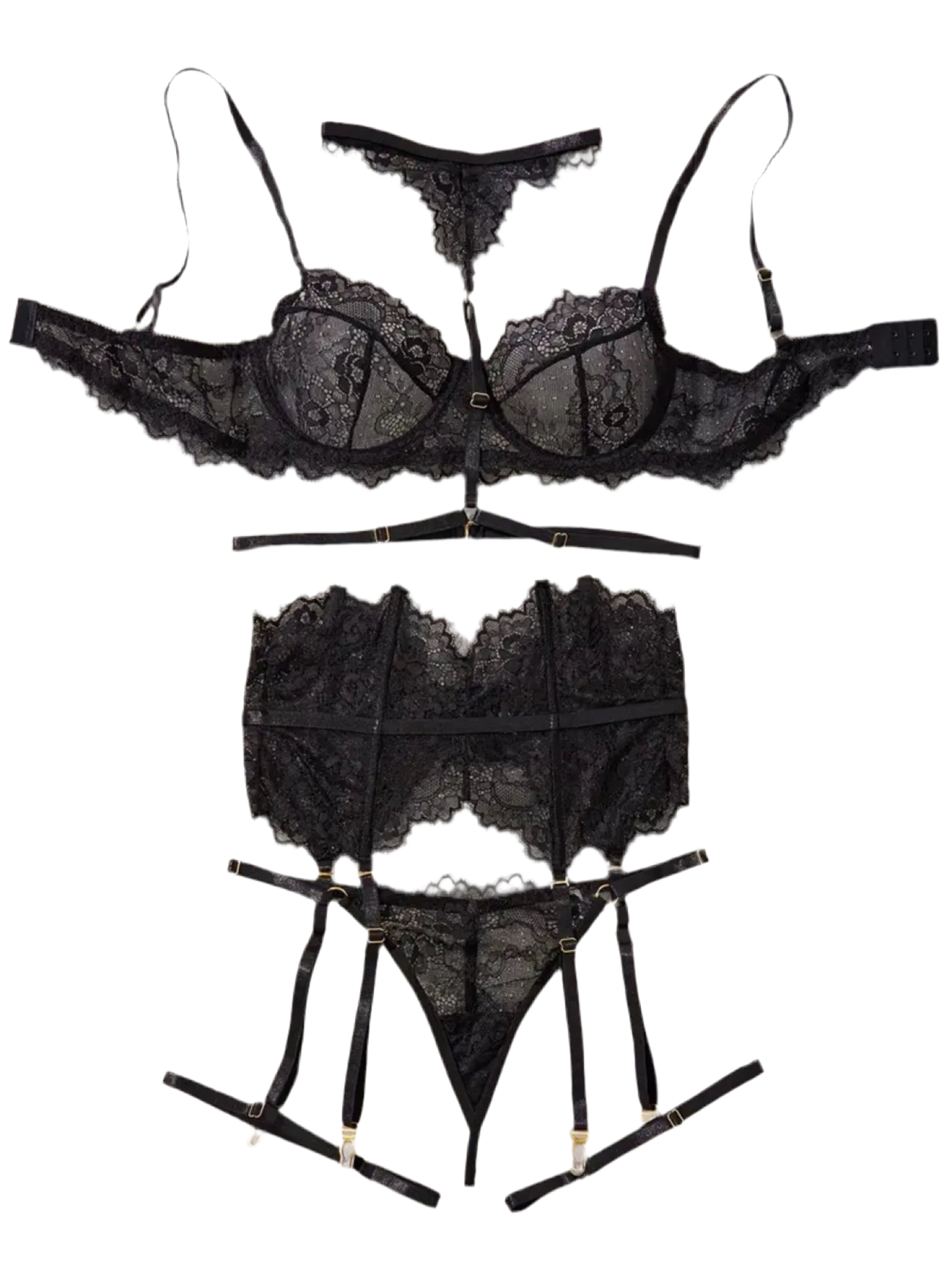 Conjunto de lencería de encaje con corset, ligas y ligueros.
