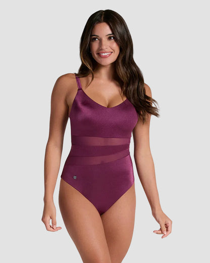 Oferta -20% Bañador entero de control con franjas en tul y tela con brillo / LEONISA