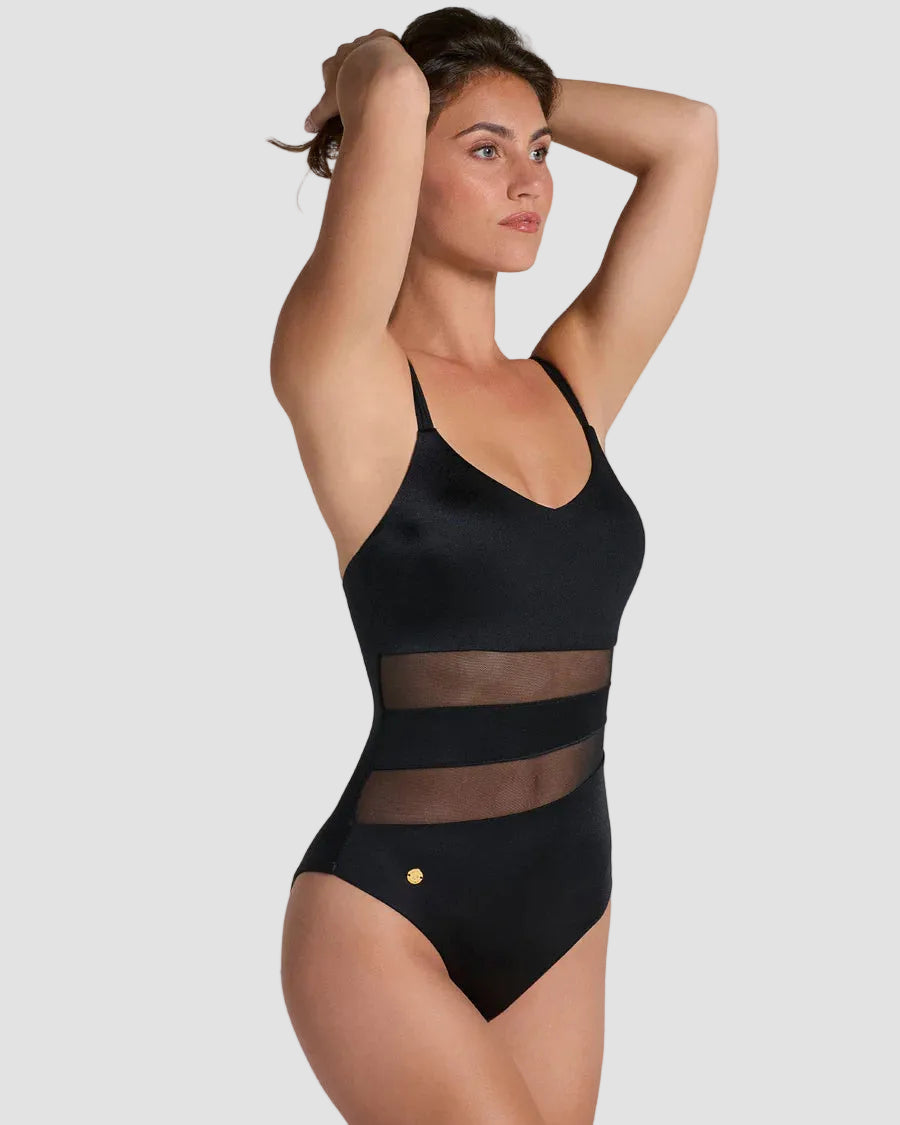 Oferta -20% Bañador entero de control con franjas en tul y tela con brillo / LEONISA