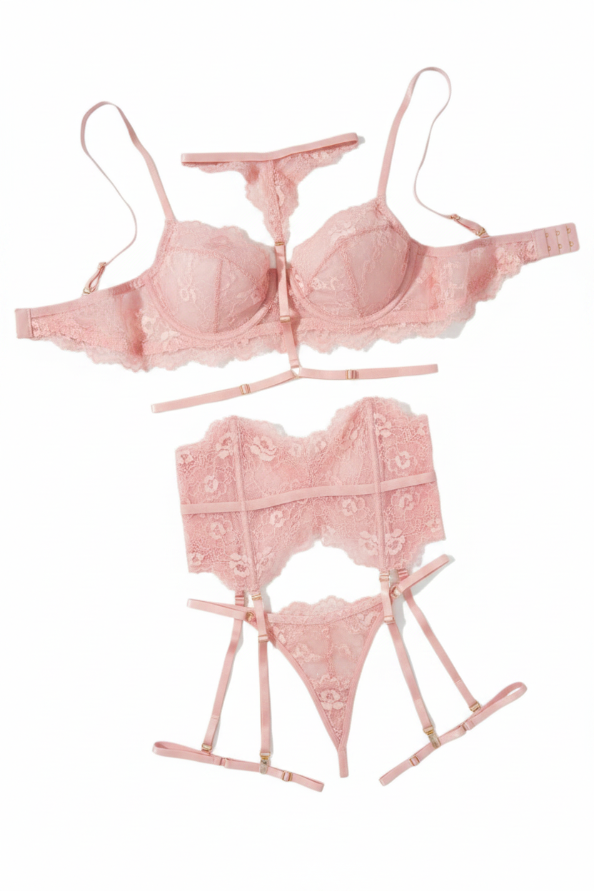 Conjunto de lencería de encaje con corset, ligas y ligueros.