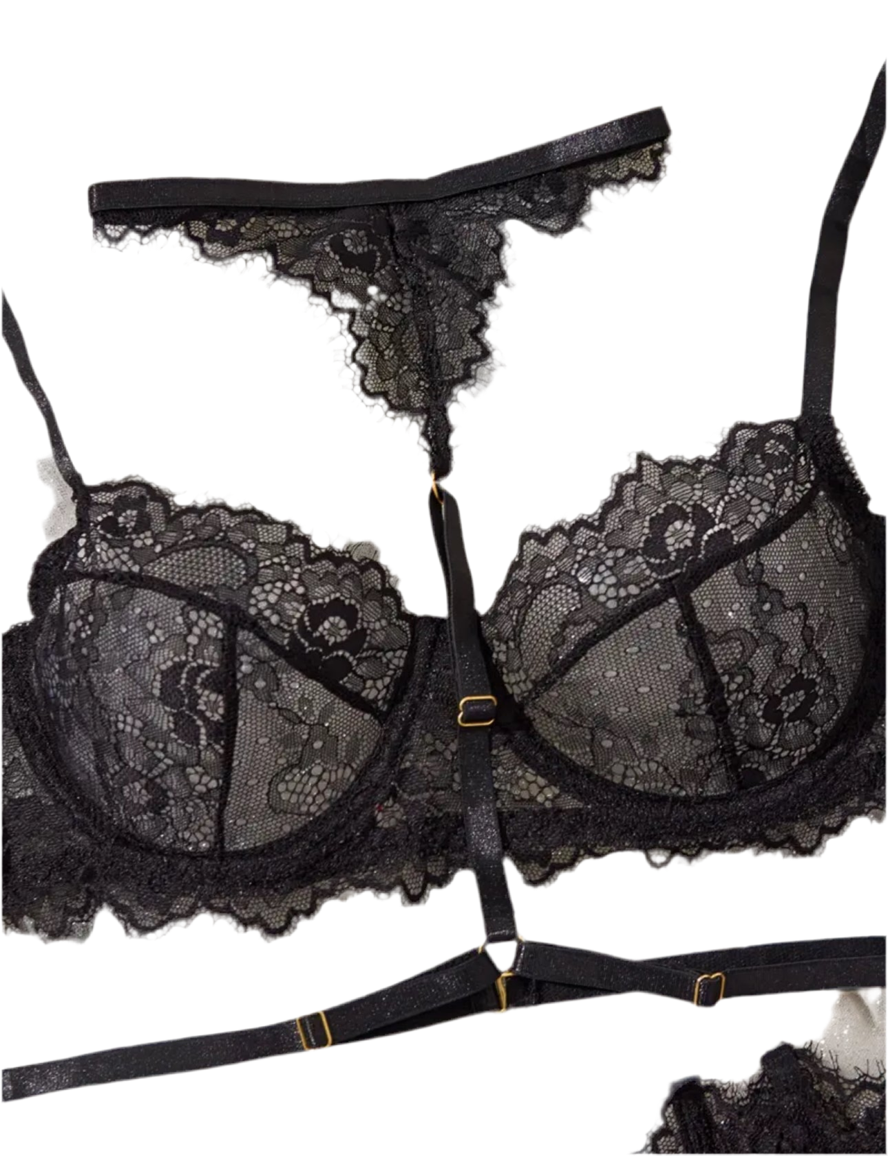 Conjunto de lencería de encaje con corset, ligas y ligueros.