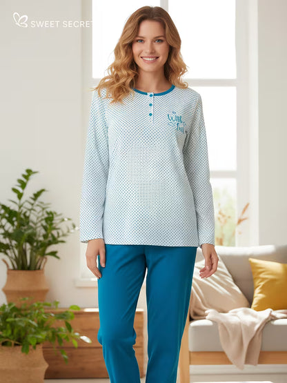 Conjunto de pijama en algodón cuello redondo, manga larga y pantalón