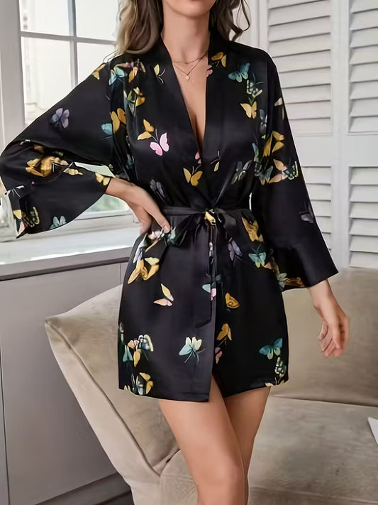 Bata seda en piel de angel (Satin) con estampado y cinturón