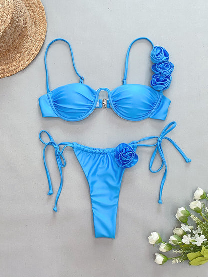 Oferta! Bikini Azul Rosas Metalizado