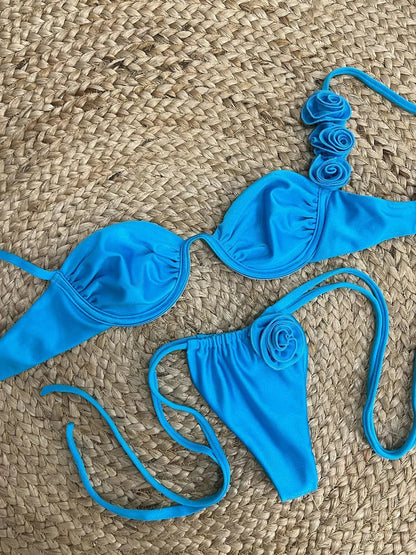 Oferta! Bikini Azul Rosas Metalizado