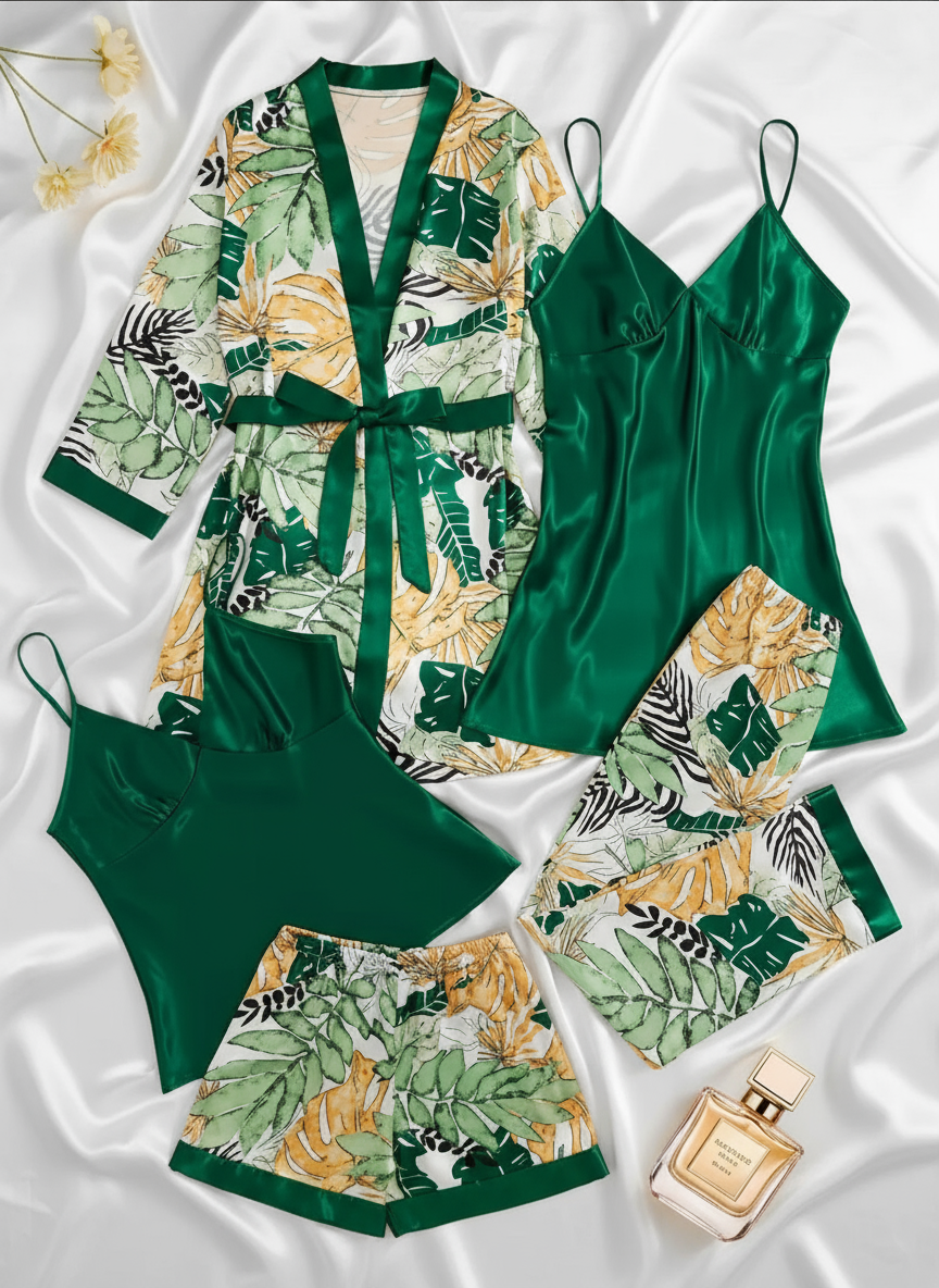 Pijama Sueño Tropical de Seda Verde esmeralda– Set de 5 piezas