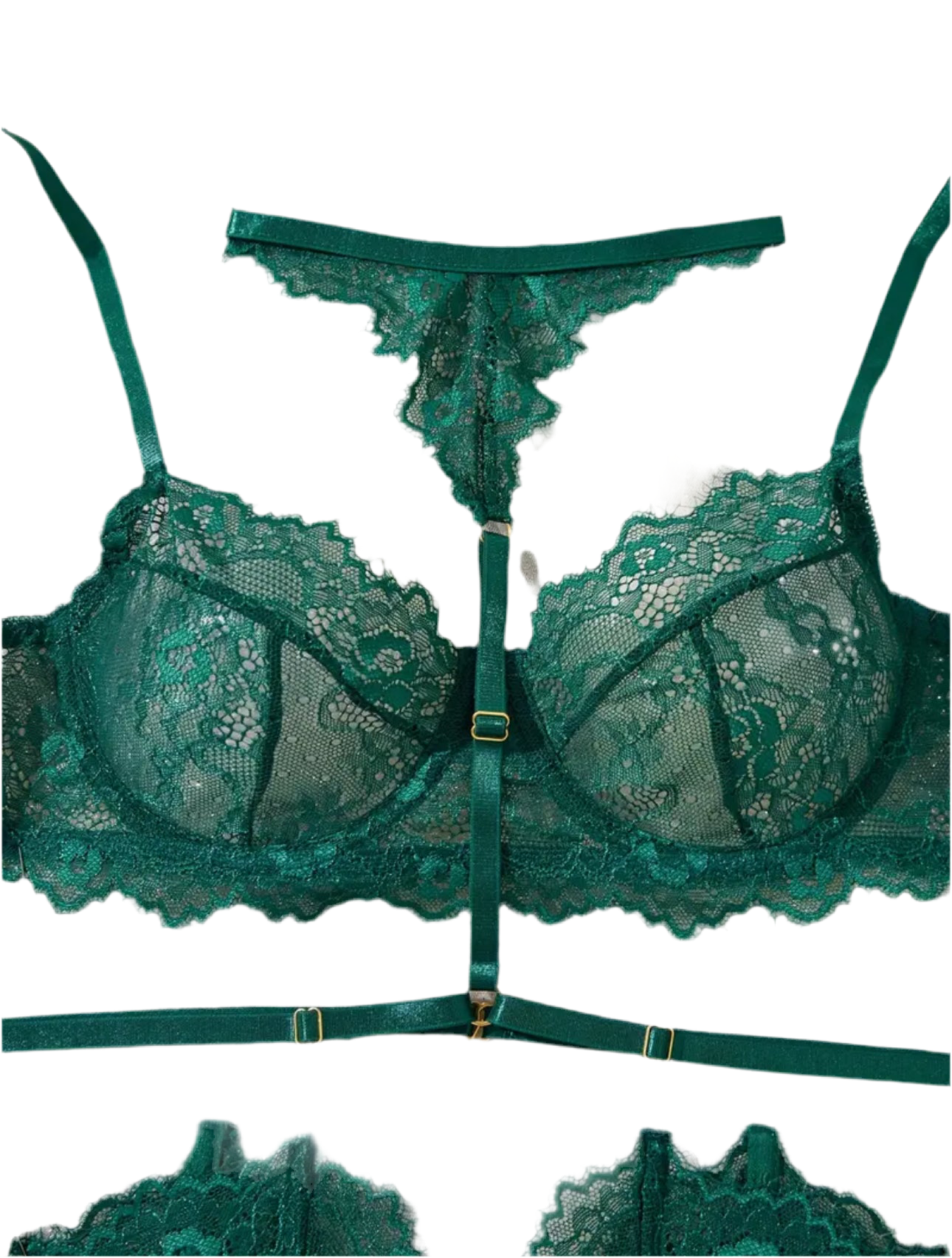 Conjunto de lencería de encaje con corset, ligas y ligueros.