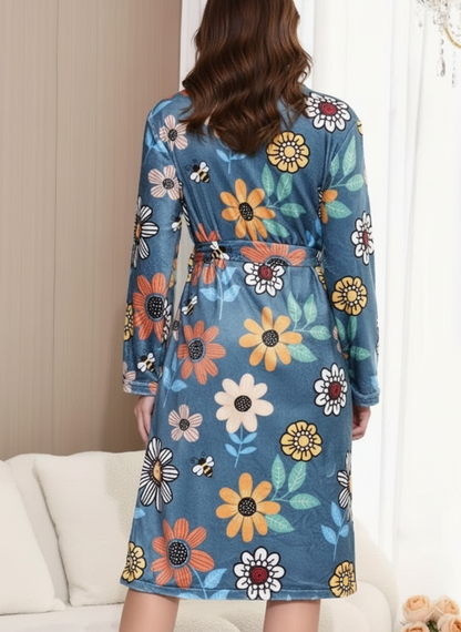 Oferta! -50%  Bata manga larga con estampado floral, bolsillo delantero y cinturón, ideal para otoño e invierno