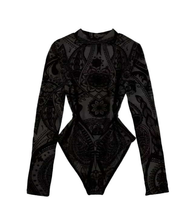 Bodys semitransparente en encajes manga larga estampados
