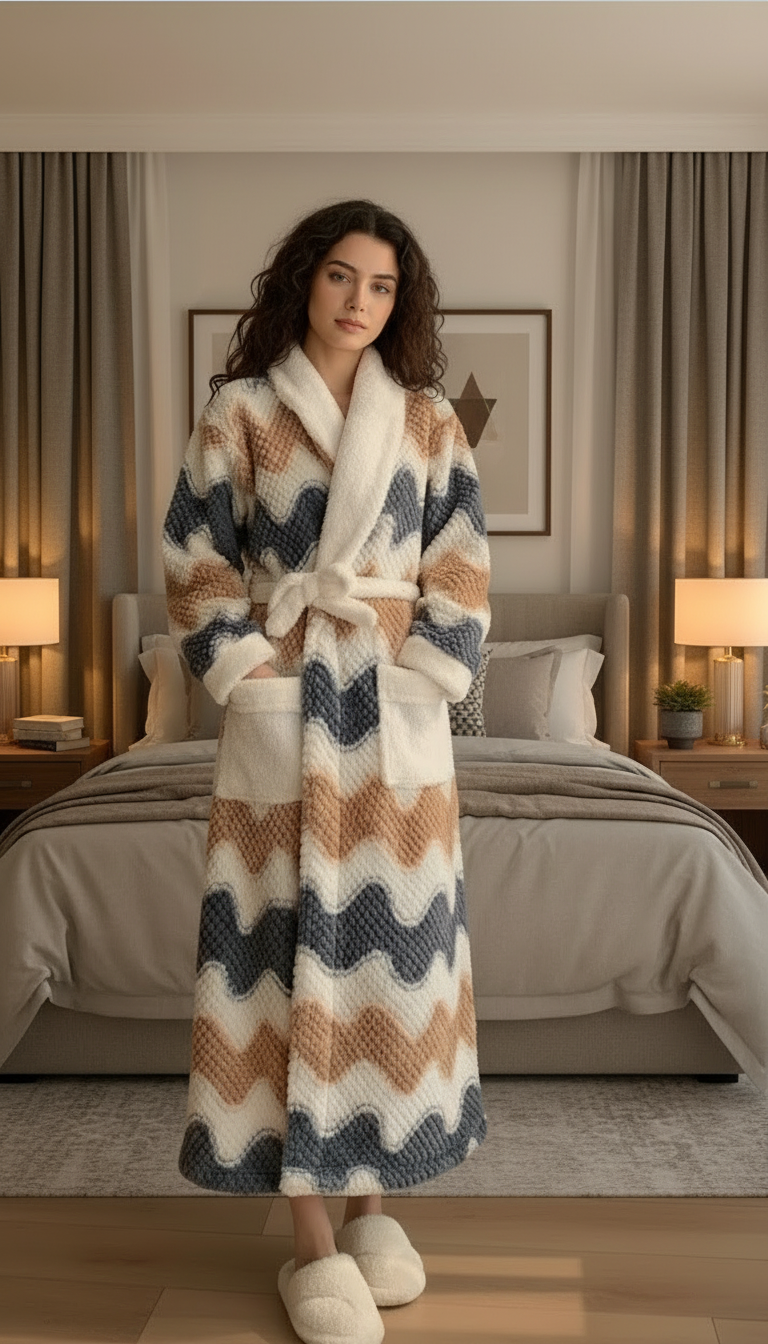 Oferta Bata larga con cinturón y bolsillos delanteros con estampado de olas, ideal para invierno