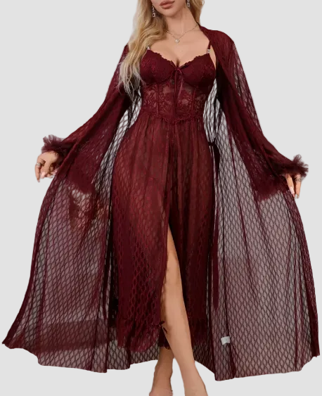 Conjunto Lencería Royal Burgundy con Bata de Tul