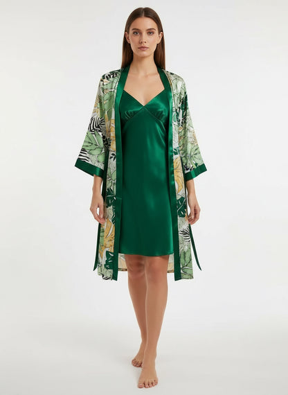 Pijama Sueño Tropical de Seda Verde esmeralda– Set de 5 piezas
