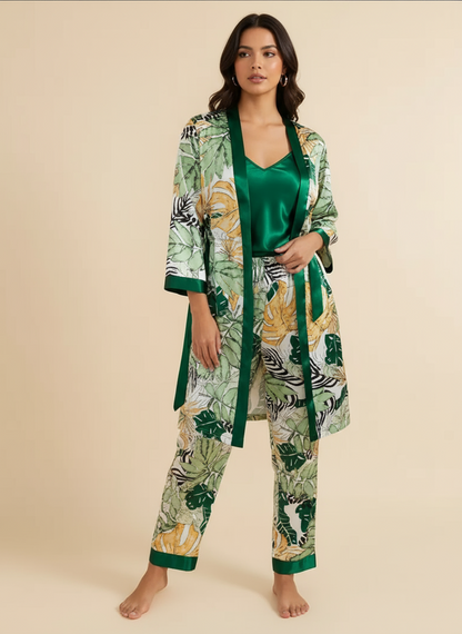Pijama Sueño Tropical de Seda Verde esmeralda– Set de 5 piezas