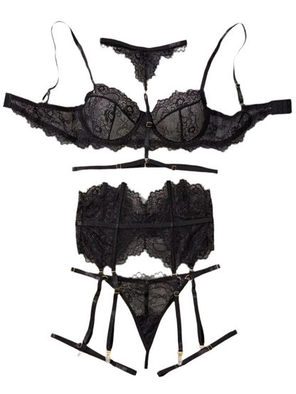 Conjunto de lencería de encaje con corset, ligas y ligueros.