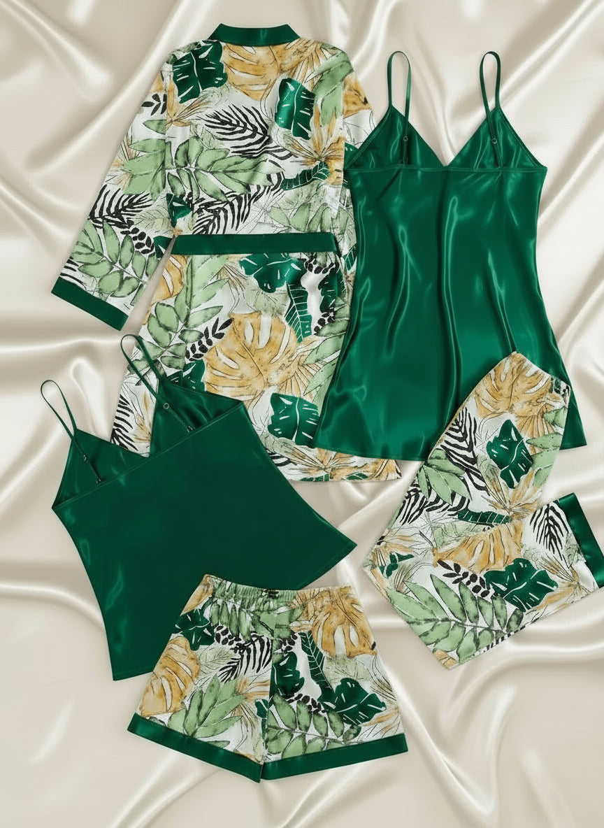 Pijama Sueño Tropical de Seda Verde esmeralda– Set de 5 piezas