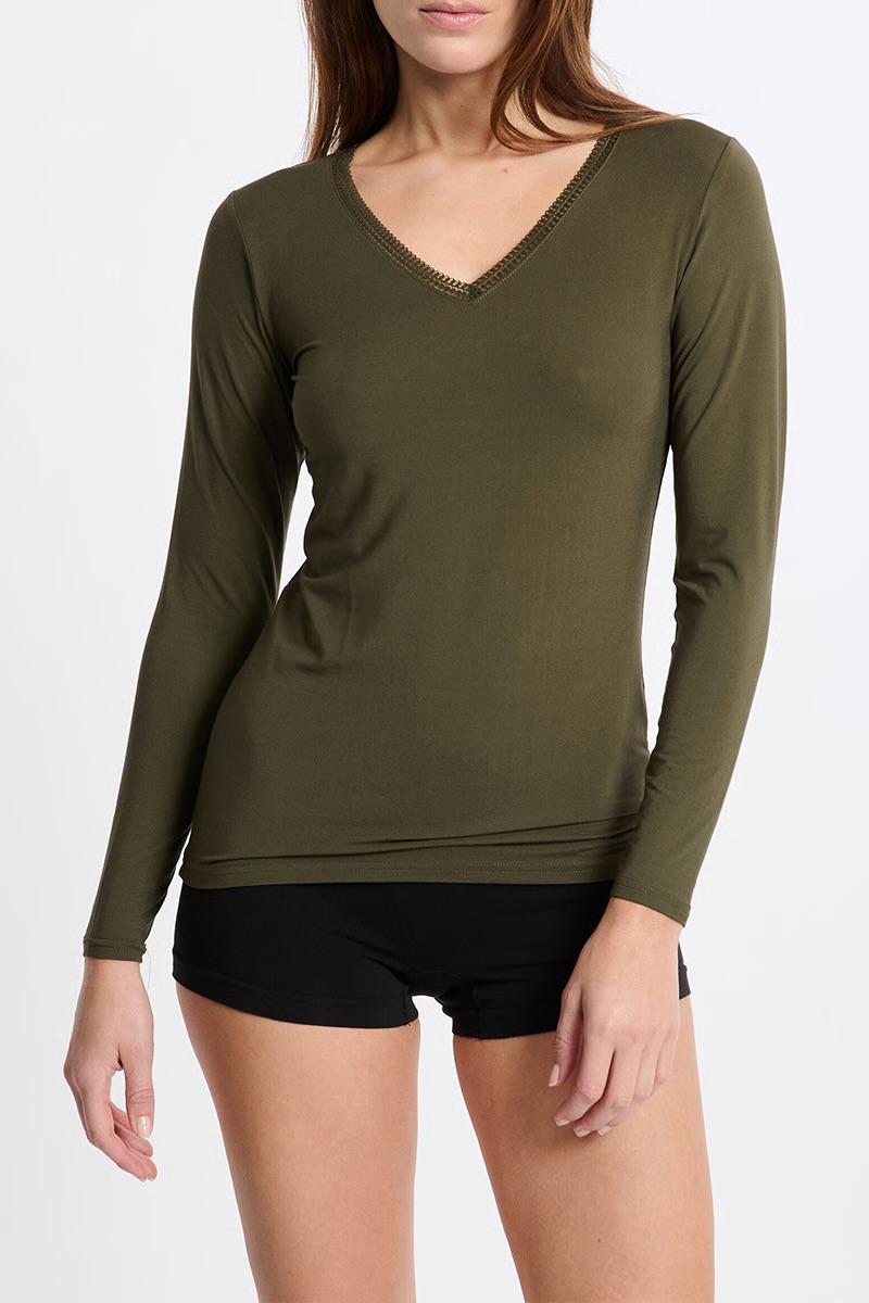 Camiseta térmica mujer fina y holgada con escote en V