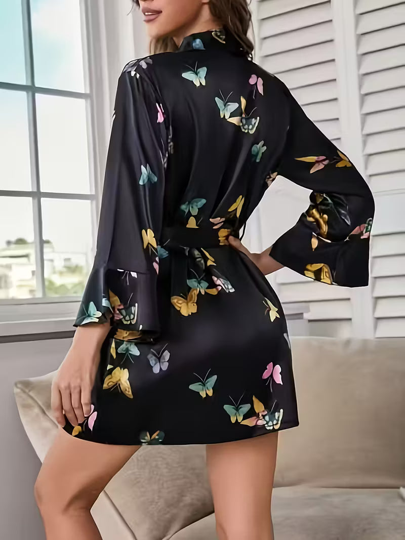 Bata seda en piel de angel (Satin) con estampado y cinturón