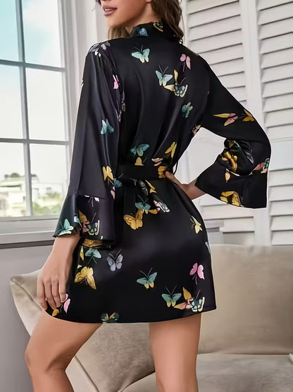 Bata seda en piel de angel (Satin) con estampado y cinturón